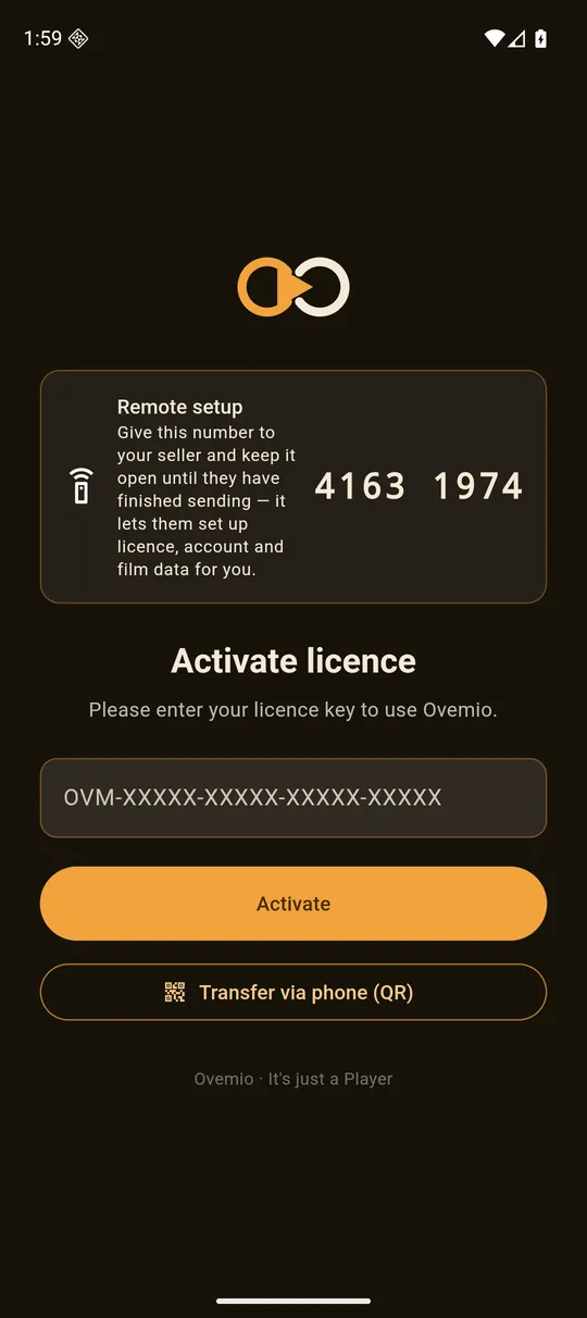 Activate licence — at the top the “Remote setup” card with this device’s number.