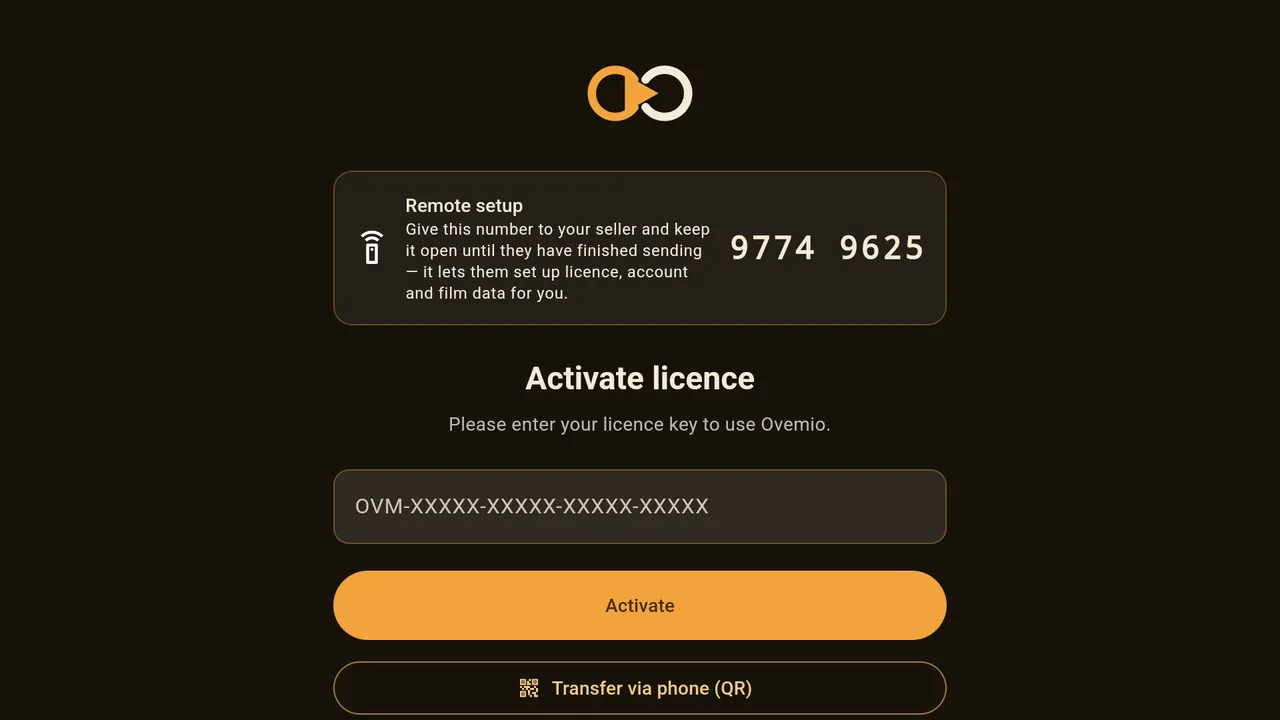 Activate licence — at the top the “Remote setup” card with this device’s number.