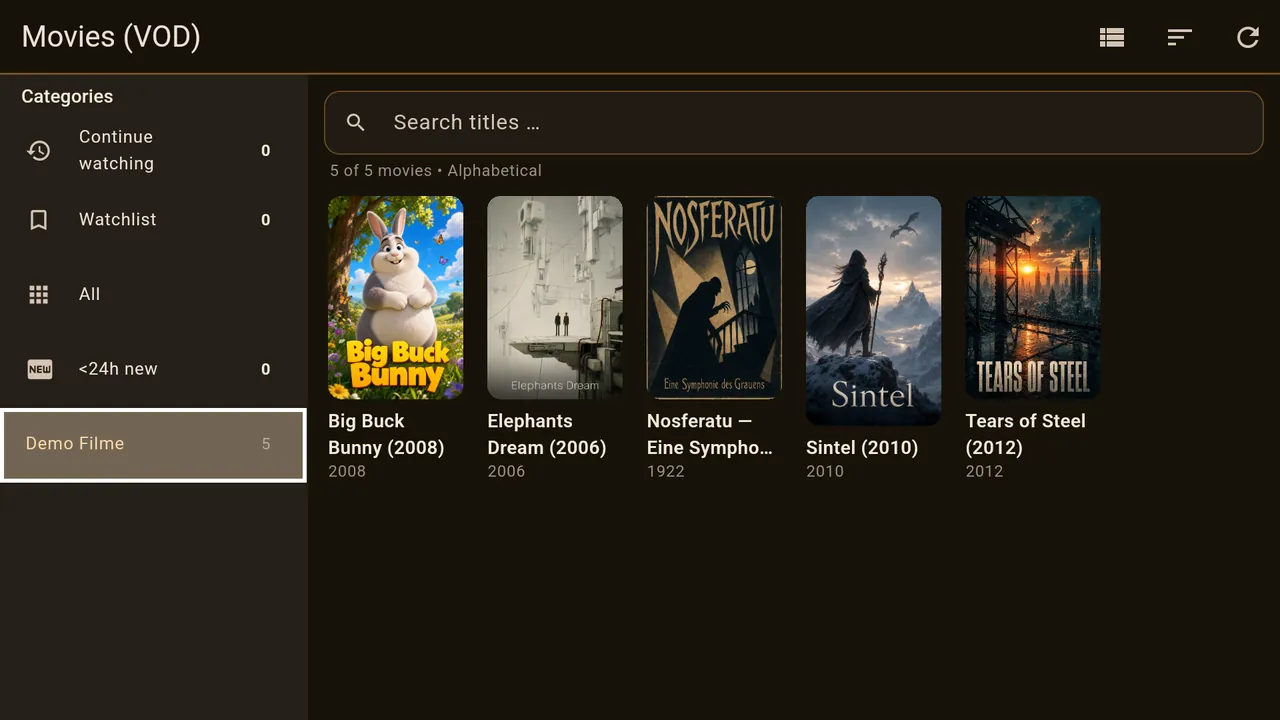 Top right: list or grid, sorting, reload.