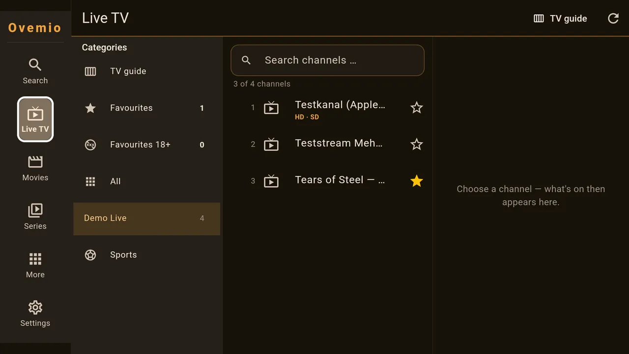 A star makes the channel a favourite. On a phone the categories come in from the left edge.