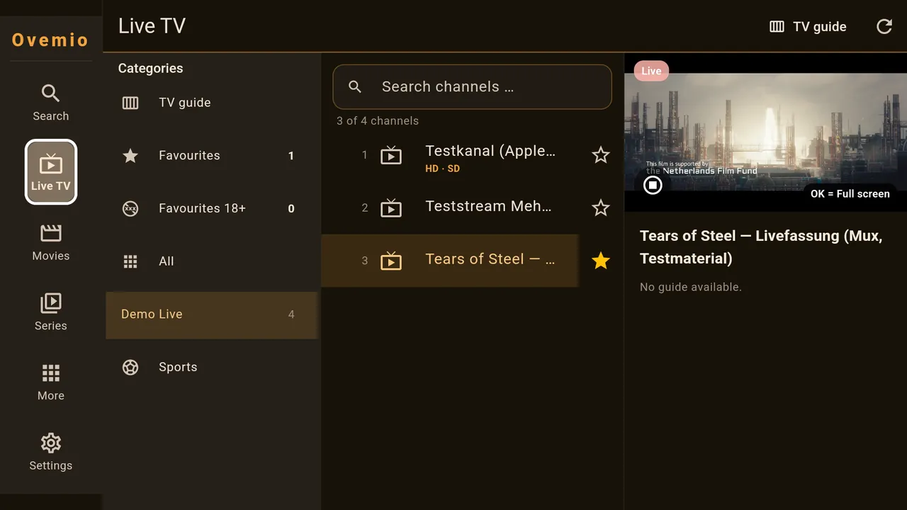 The preview on the right, below it the current programme.